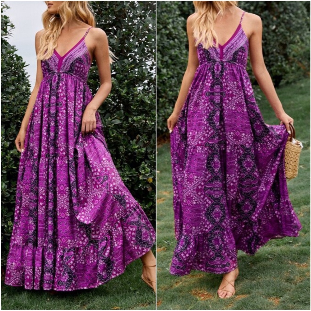 Bohemian Gypsy Red Ruffle Cami Maxi Dress Floral - Picture 5 of 7